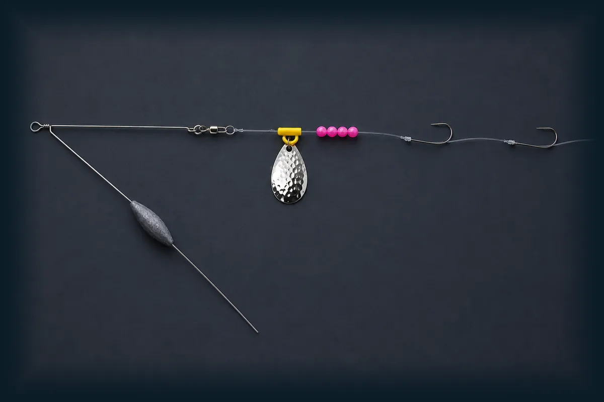Bottom bouncer and crawler harness fishing bait on a dark blue background