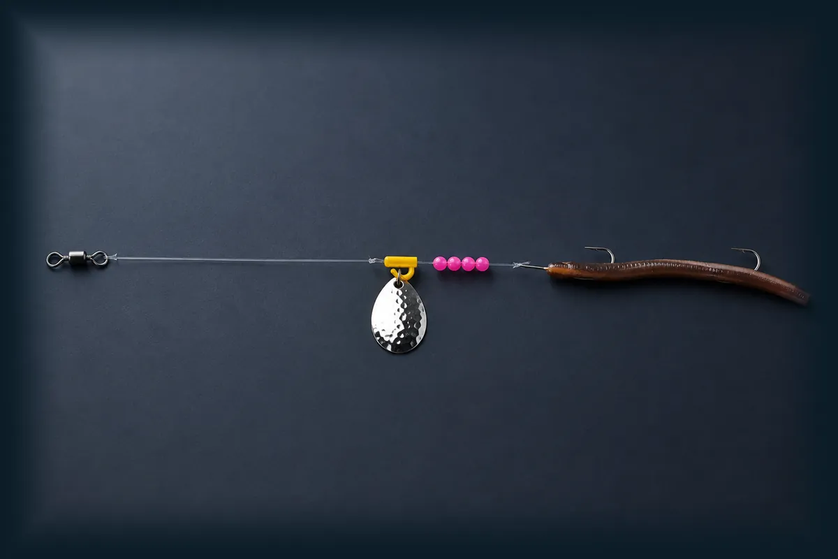 Crawler harness fishing bait on a dark blue background