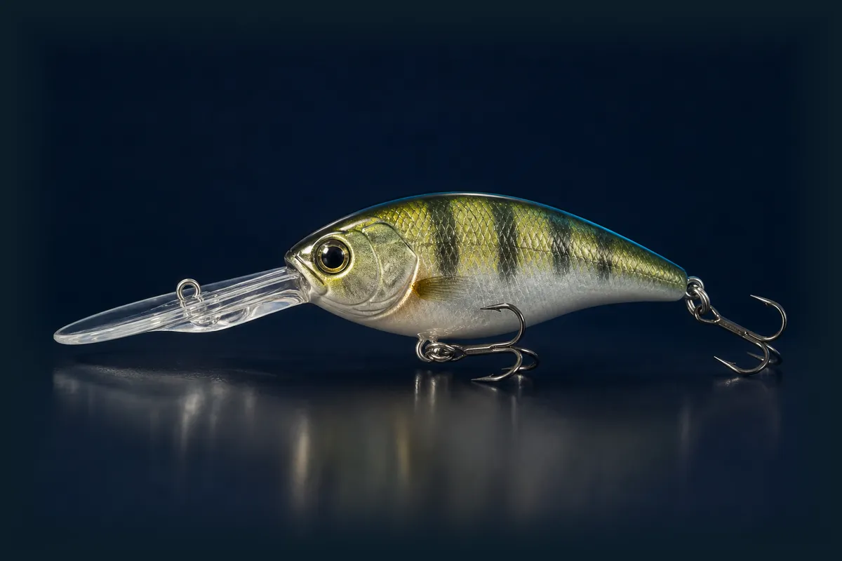 Deep-diving crankbait fishing bait on a dark blue background