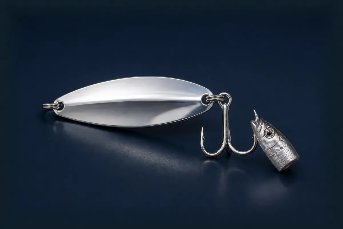 Jigging spoon tipped with a minnow head fishing bait on a dark blue background