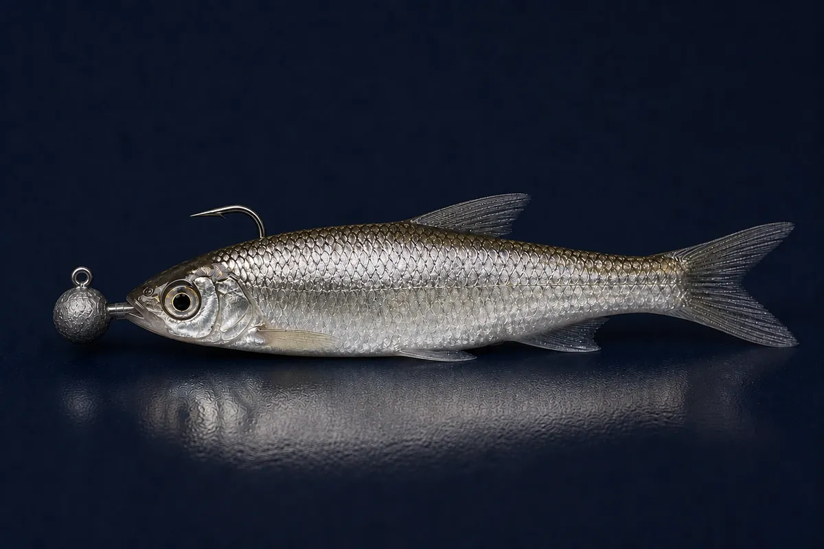 Jig tipped with a minnow fishing bait on a dark blue background