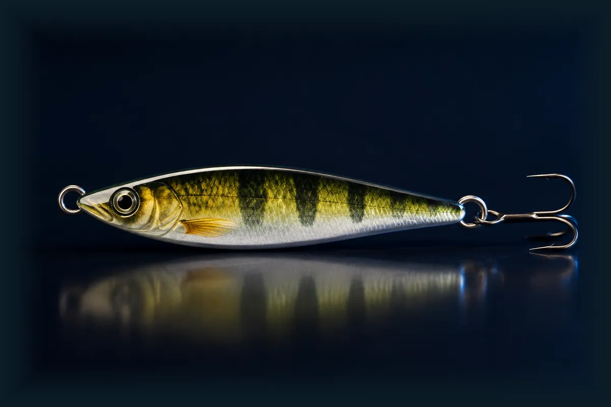 Jigging spoon fishing bait on a dark blue background