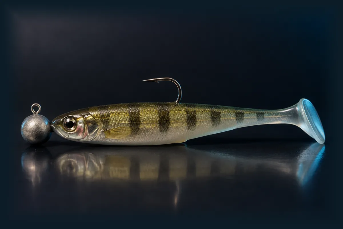 Soft plastic on a jighead fishing bait on a dark blue background