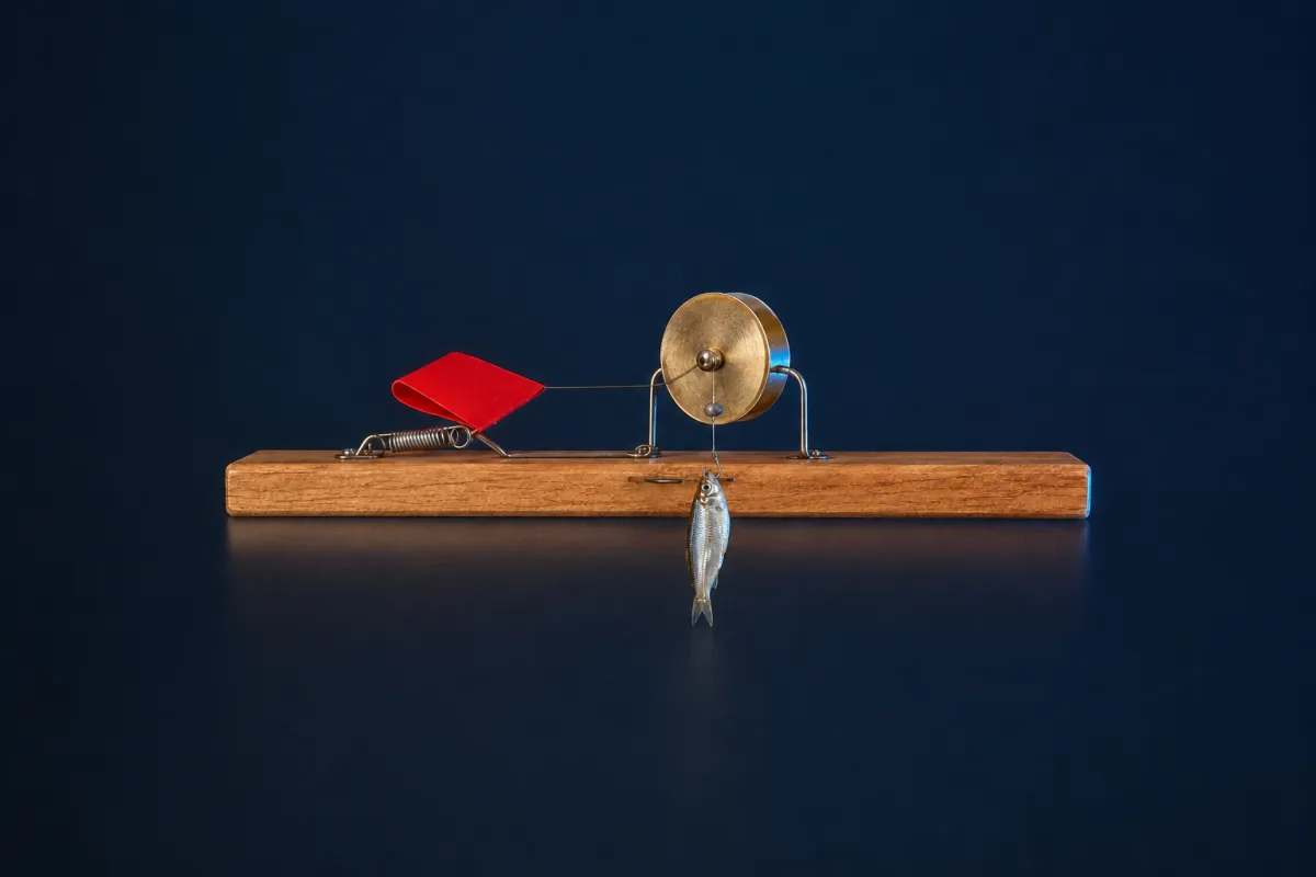 Tip-up with a minnow fishing bait on a dark blue background