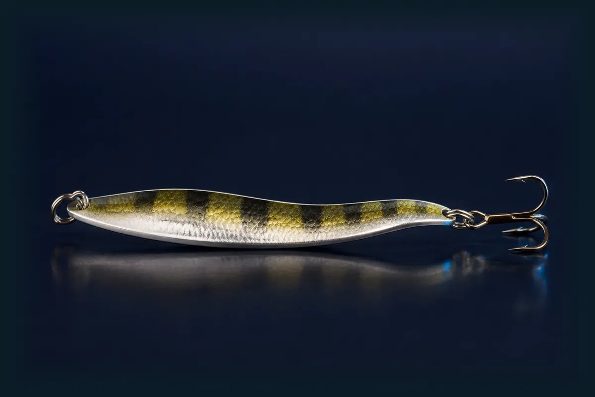 Trolling spoon fishing bait on a dark blue background