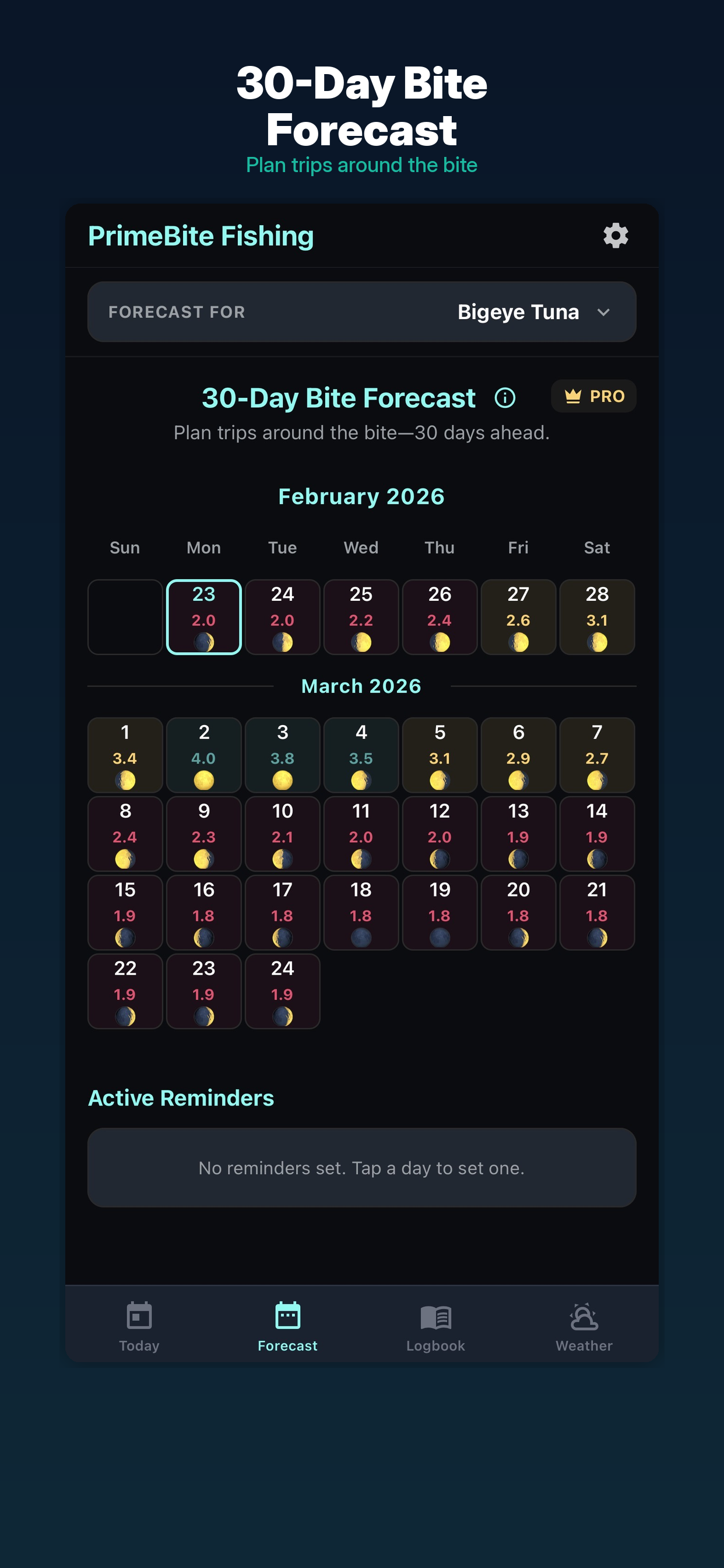 PrimeBite 30-day forecast calendar on iPhone