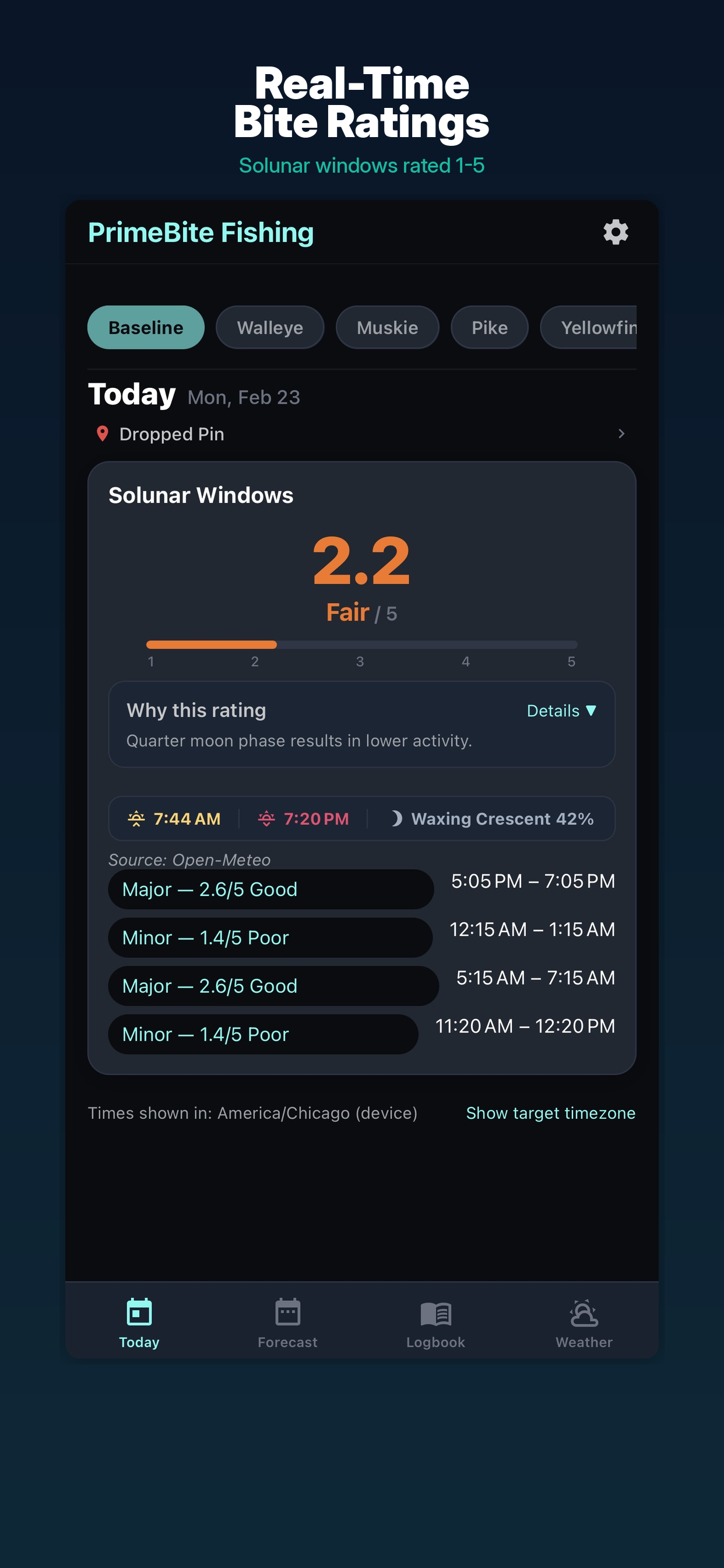 PrimeBite Today screen showing bite windows and rating
