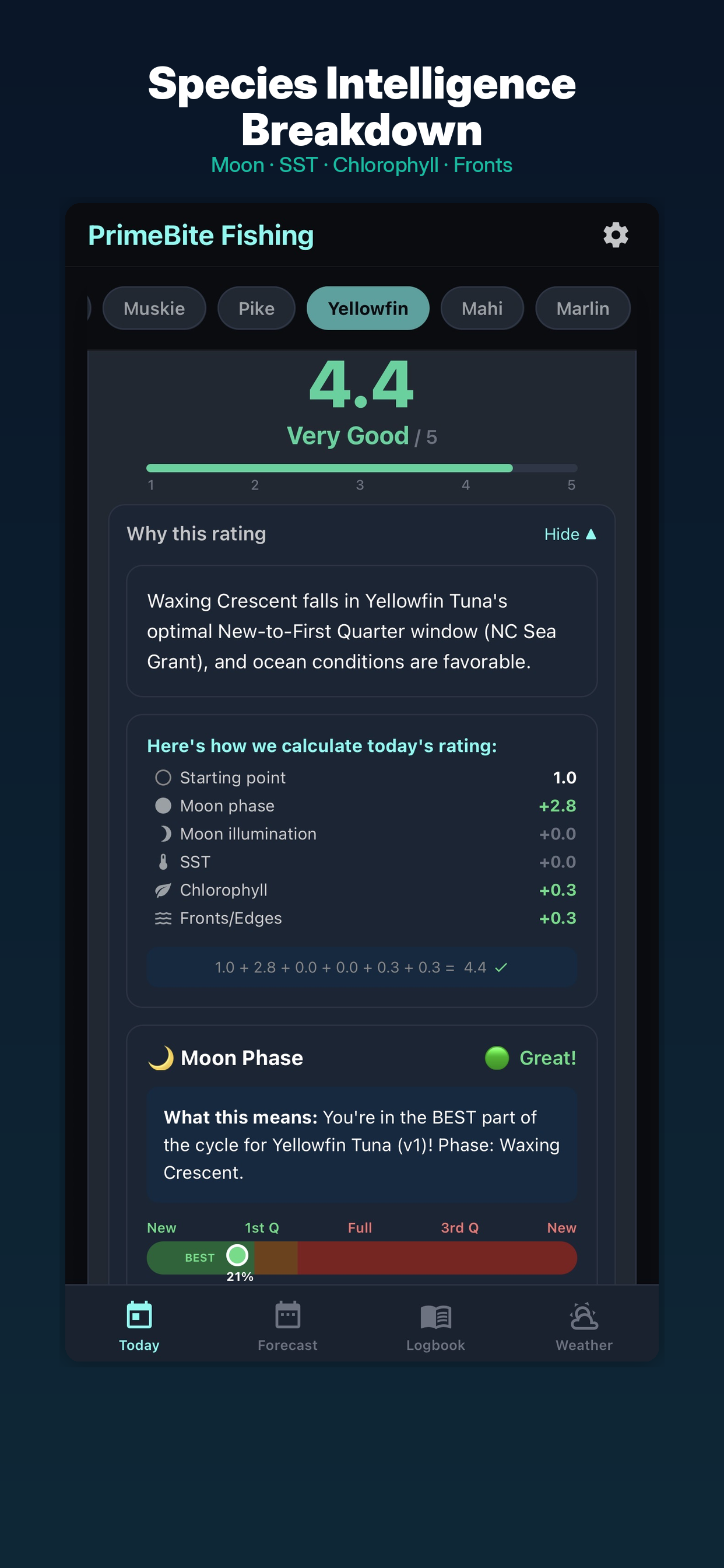 PrimeBite species detail screen on iPhone
