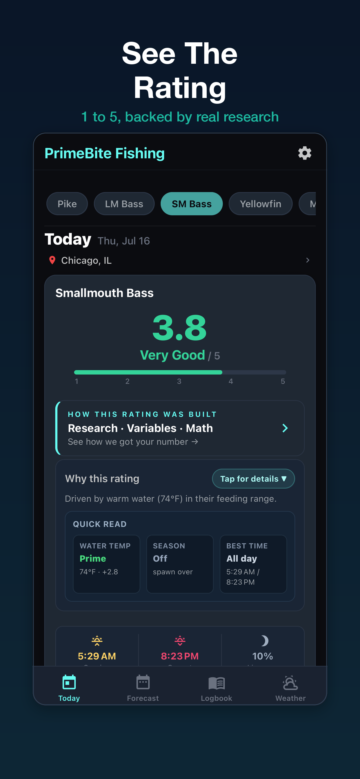 PrimeBite Today screen showing a Smallmouth Bass rating on iPhone
